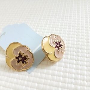 Vintage Yellow Enamel Pansy flower pierced erarrings,1", Yellow, mint, rare